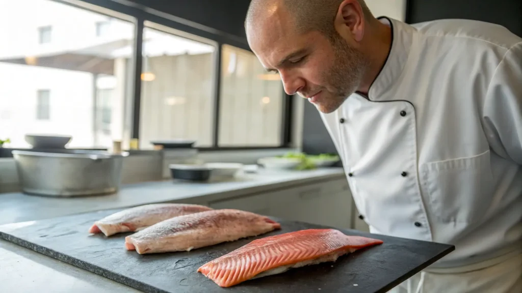 A professional chef checks the quality of three fish fillets.