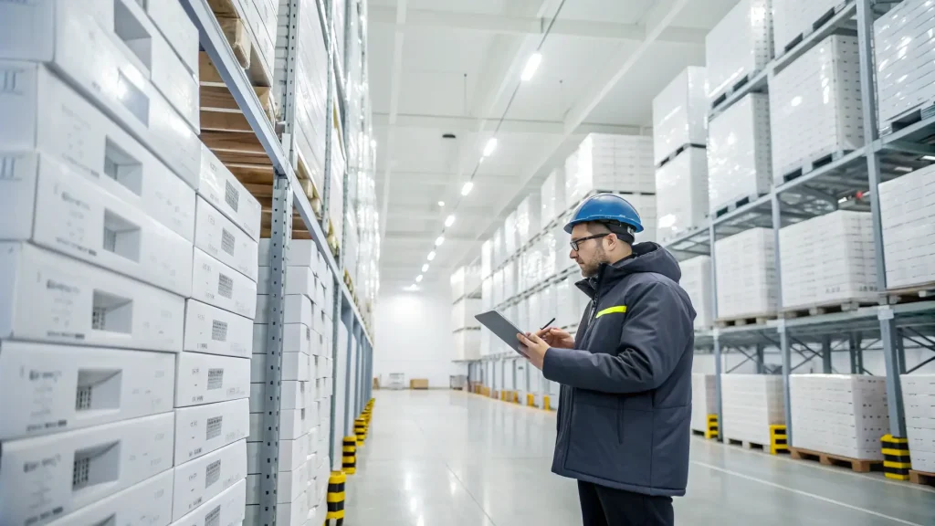 A manager checks inventory on a tablet inside a cold storage warehouse.