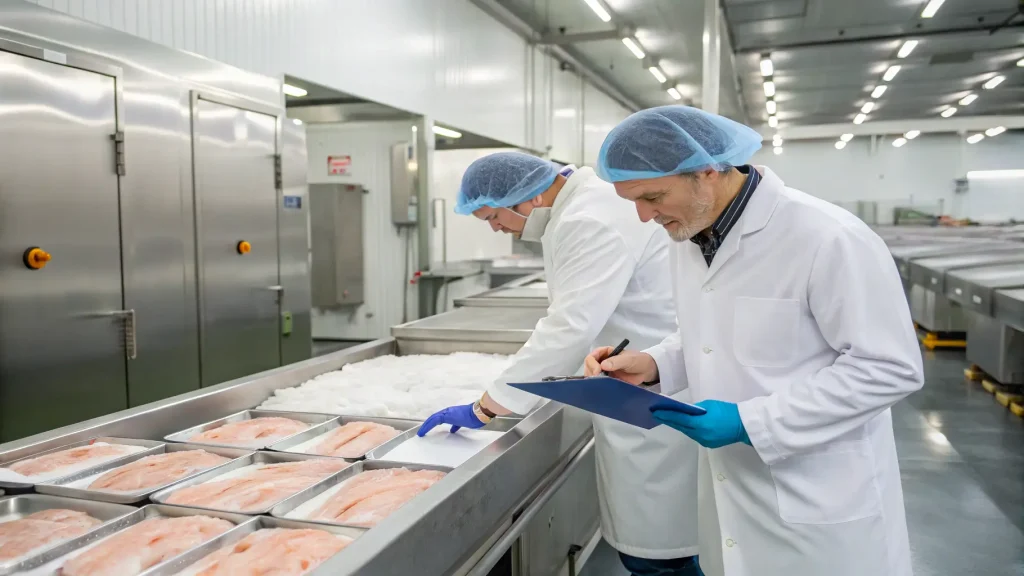 Two inspectors checking the quality of frozen fish fillets in a production facility.