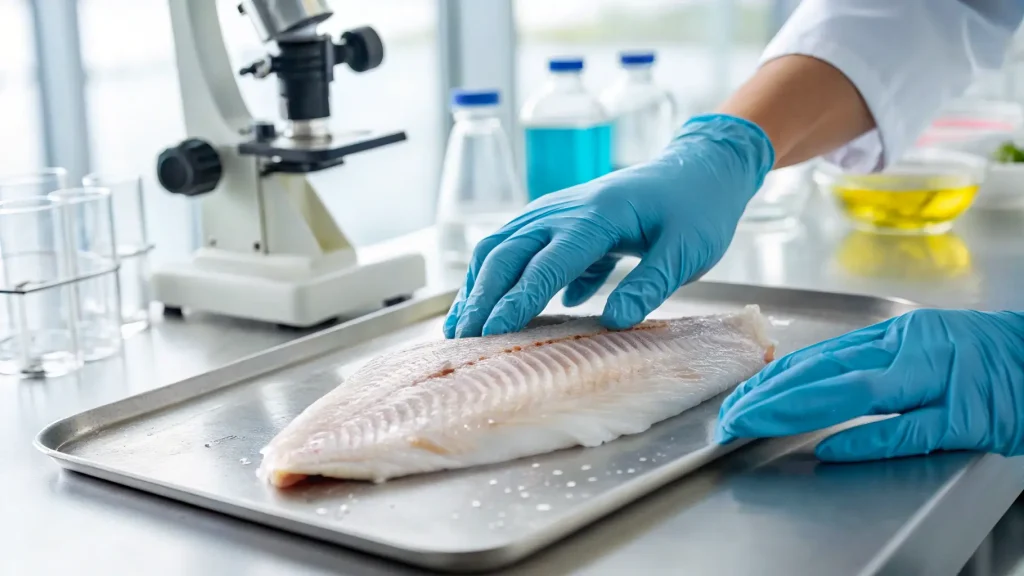 Gloved hands inspecting a fish fillet in a laboratory.