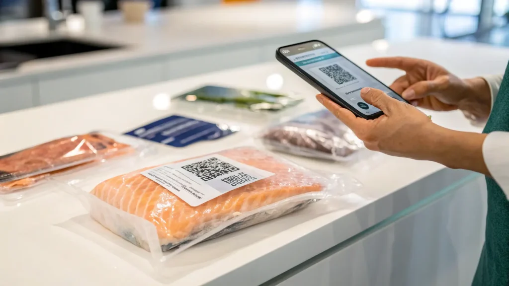 A person scanning a QR code on seafood packaging to trace its origin.