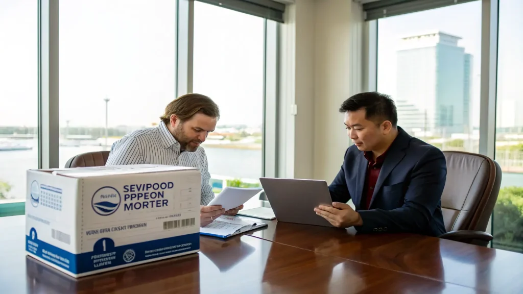 A seafood importer and exporter discuss documents in a professional meeting room.