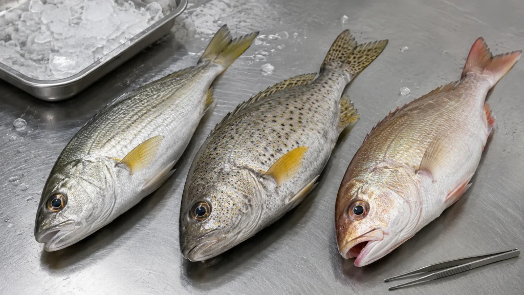 Three different croaker-family fish compared side by side on a stainless-steel seafood inspection surface.