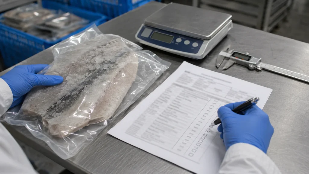 Gloved hands checking a frozen fish sample against an unreadable RFQ specification sheet on a stainless-steel table.