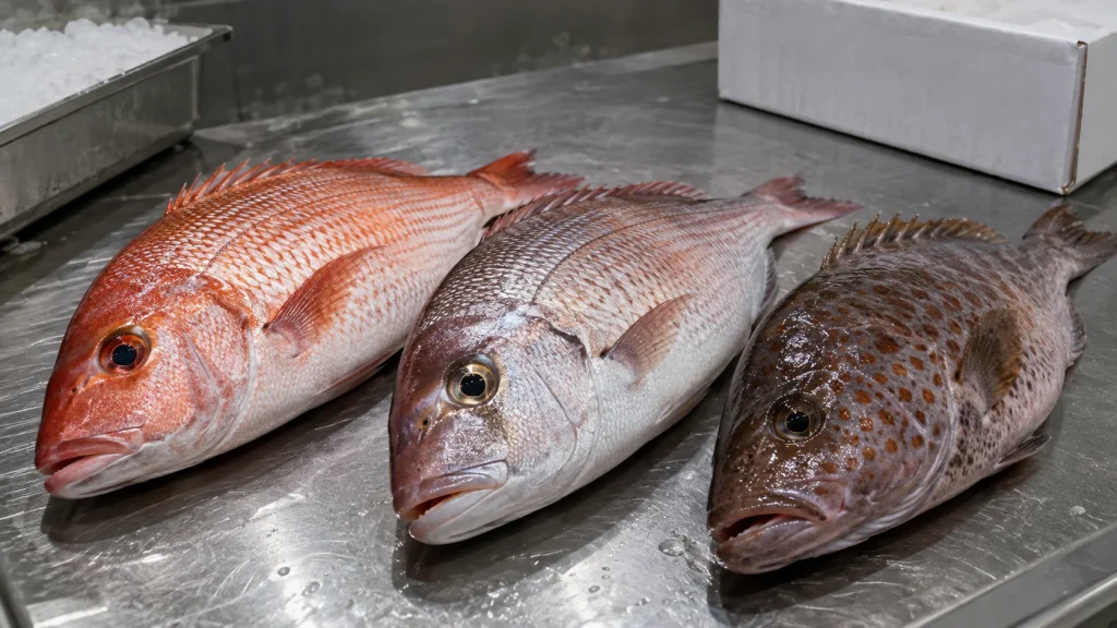 Three different snapper-type fish compared side by side on a chilled seafood inspection table.